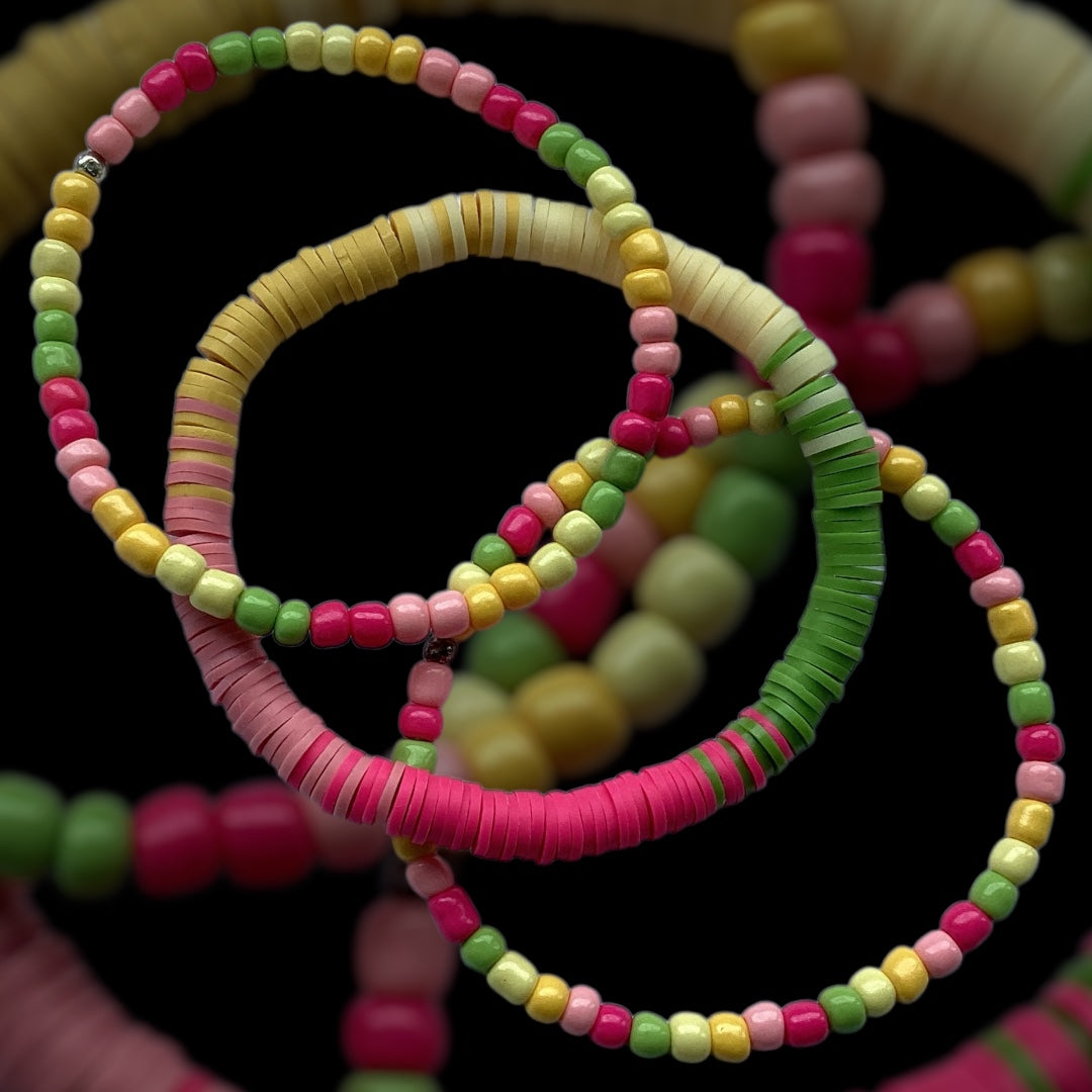 Fruit Fizz bracelet stack – pink, yellow, and green beads with summer tones
Handmade 3-piece stretch bracelet set in fruity colours – Fruit Fizz
Summer-ready beaded bracelet trio in pastel and bright tones
Polymer clay and seed bead bracelet set in juicy shades
Playful handmade bracelet stack with watermelon-inspired colours