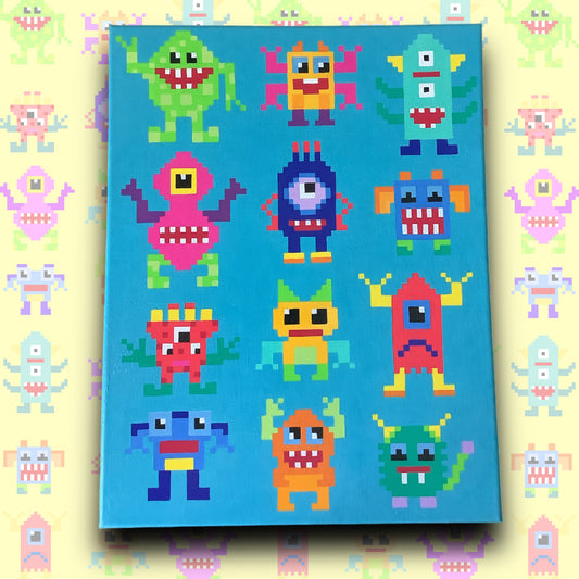 PAINTED PIXEL ART ON CANVAS - MONSTERS