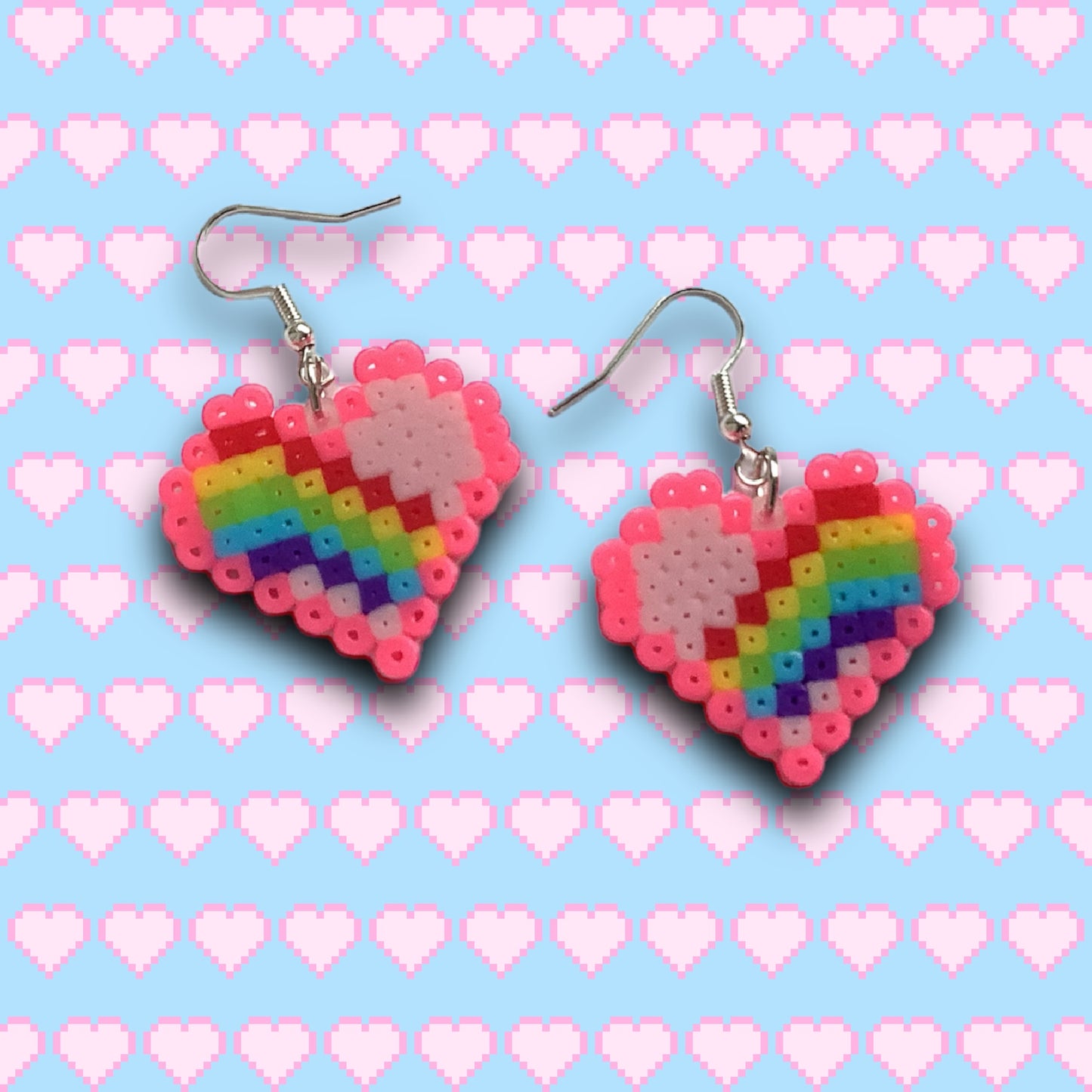 PIXEL RAINBOW HEART EARRINGS - PINK