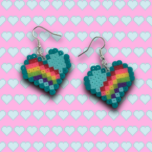 PIXEL RAINBOW HEART EARRINGS - BLUE