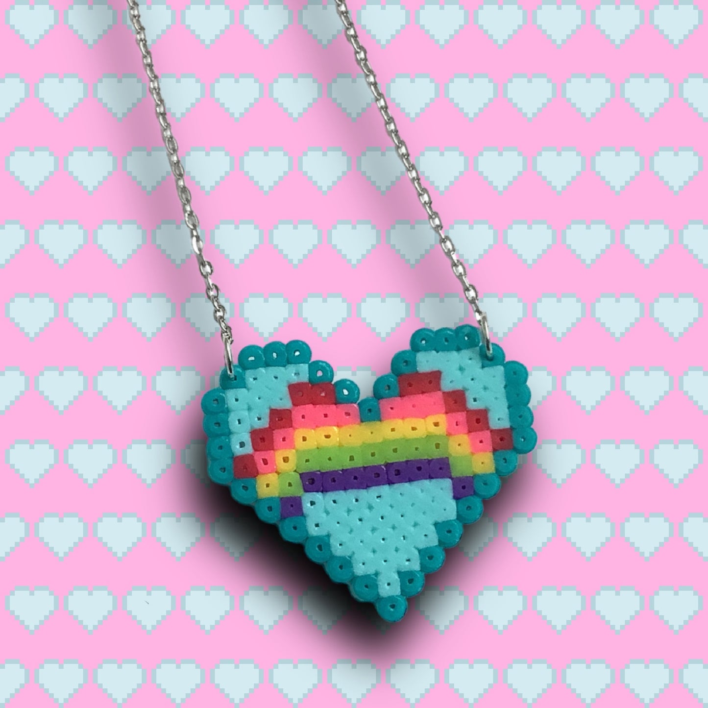 PIXEL RAINBOW HEART NECKLACE - BLUE