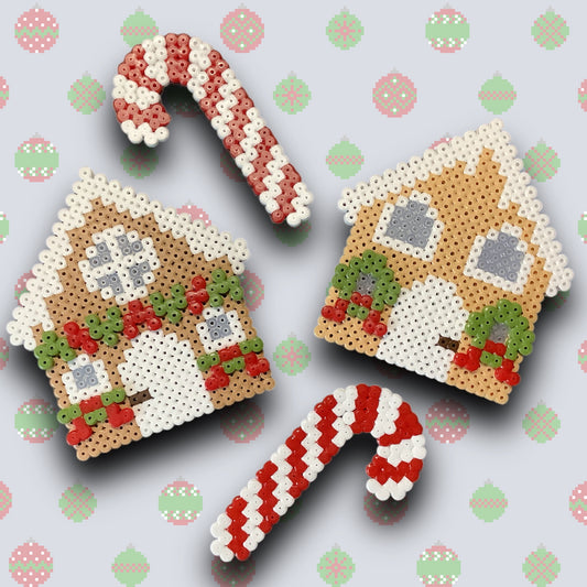 PIXEL GINGERBREAD HOUSE AND CANDY CANE DECORATIONS