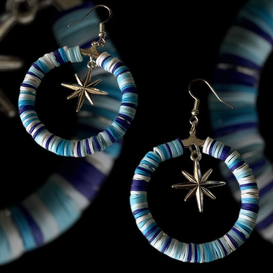 BLUE AND SILVER STAR HOOP EARRINGS