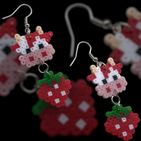 PIXEL FRUITY COW EARRINGS -  PINK STRAWBERRY