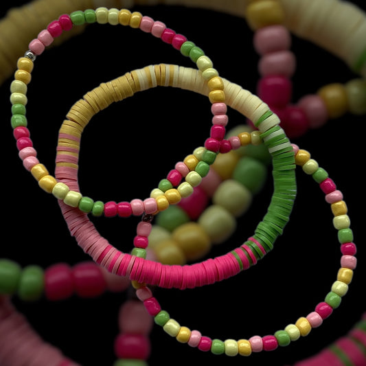Fruit Fizz bracelet stack – pink, yellow, and green beads with summer tones

Handmade 3-piece stretch bracelet set in fruity colours – Fruit Fizz

Summer-ready beaded bracelet trio in pastel and bright tones

Polymer clay and seed bead bracelet set in juicy shades

Playful handmade bracelet stack with watermelon-inspired colours

