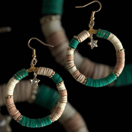 Green beaded hoop earrings with gold accents

Handmade jade and teal hoops

Matching earrings to Celestial Jade bracelet

Lightweight gold-tone hoop earrings with green clay beads