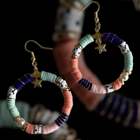 Pastel and bright beaded hoop earrings

Handmade colourful hoop earrings with gold accents

Playful fashion earrings with pink, mint, and blue

Matching earrings to Dream Pop bracelet