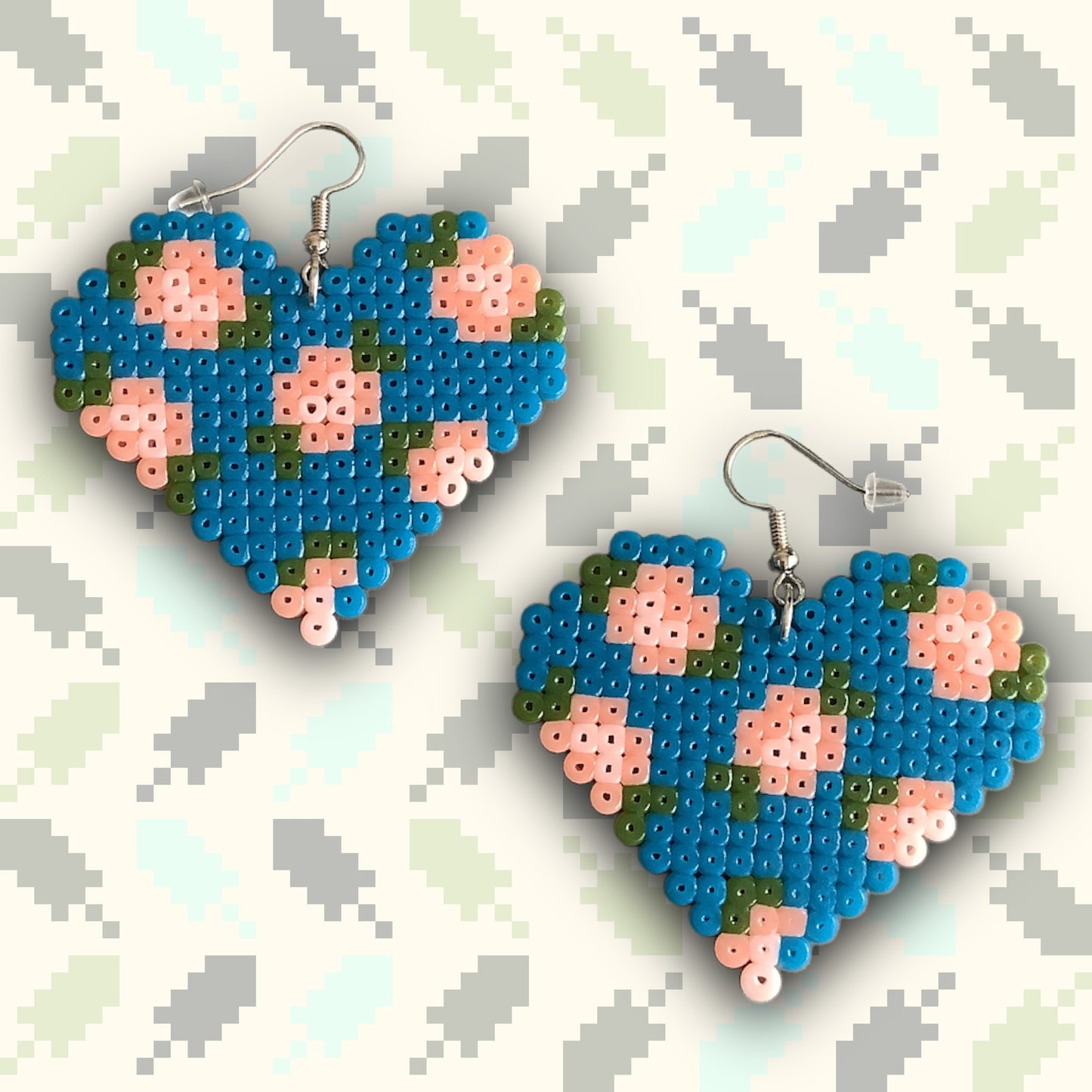 PIXEL FLORAL HEART EARRINGS - BLUE/PINK