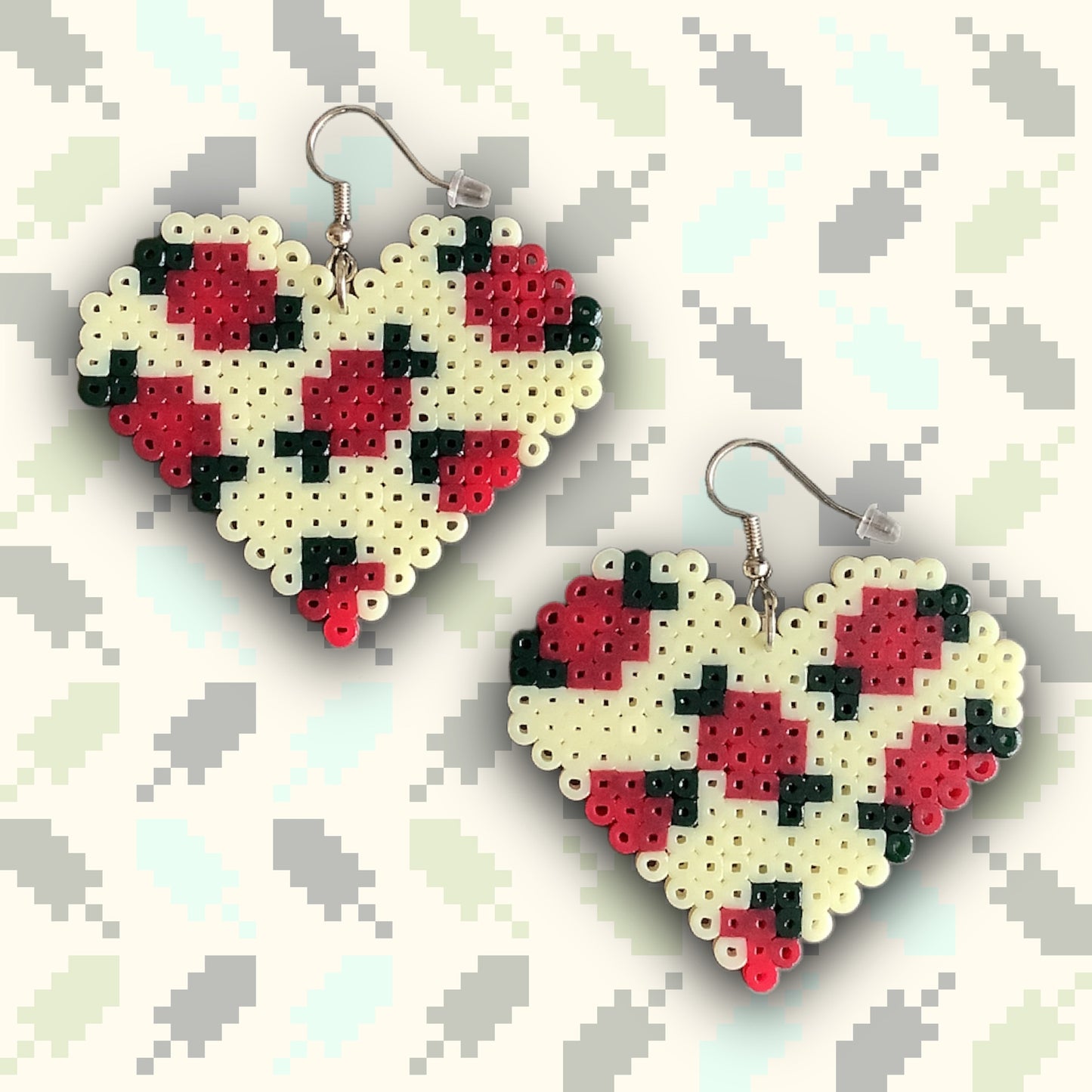 PIXEL FLORAL HEART EARRINGS - CREAM/RED