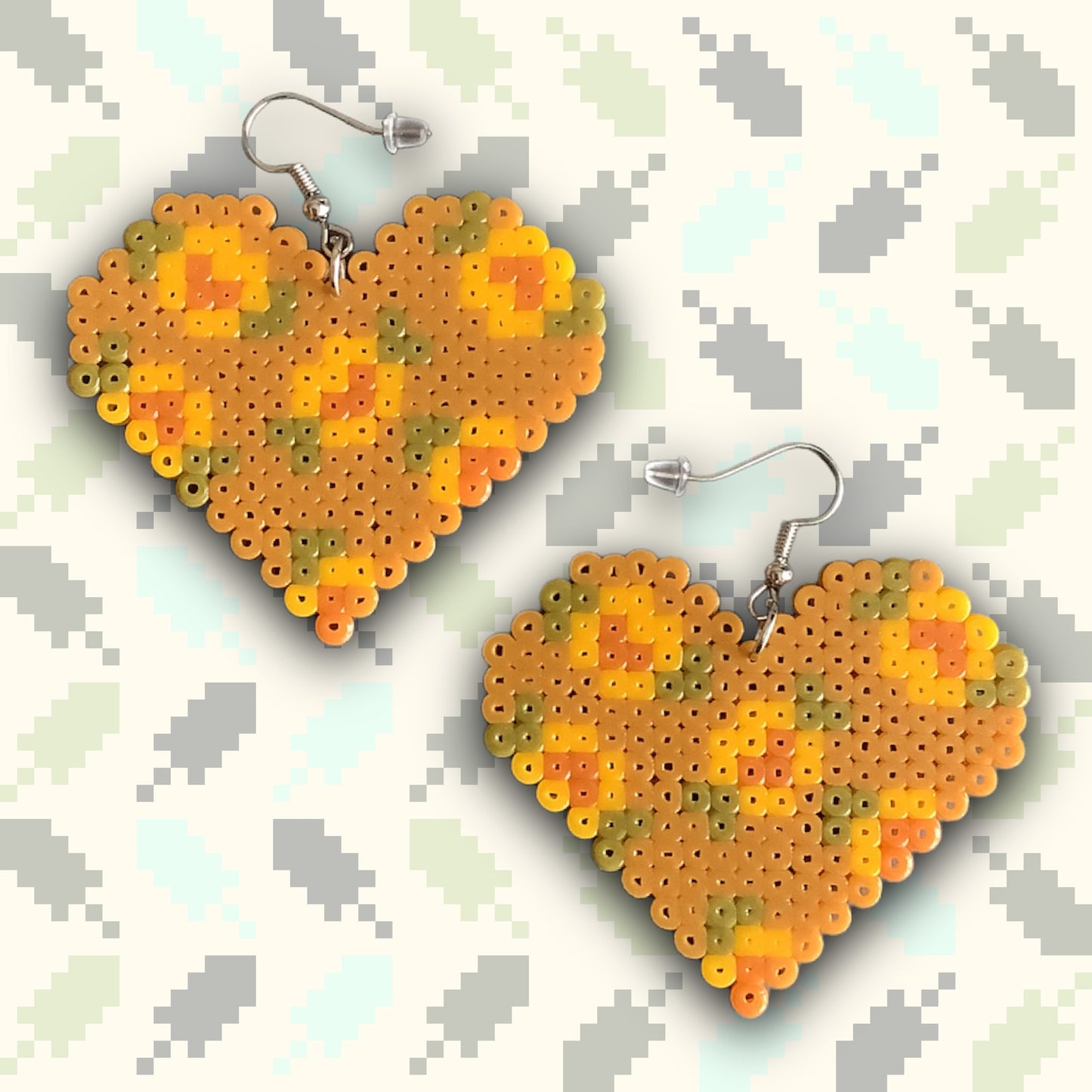 PIXEL FLORAL HEART EARRINGS - AMBER/MUSTARD YELLOW